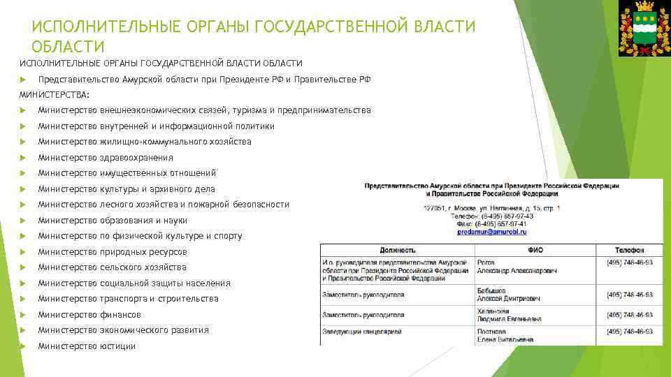 ИСПОЛНИТЕЛЬНЫЕ ОРГАНЫ ГОСУДАРСТВЕННОЙ ВЛАСТИ ОБЛАСТИ Представительство Амурской области при Президенте РФ и Правительстве РФ