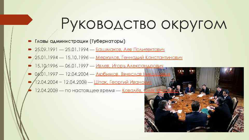Руководство округом Главы администрации (Губернаторы) 25. 09. 1991 — 25. 01. 1994 — Башмаков,