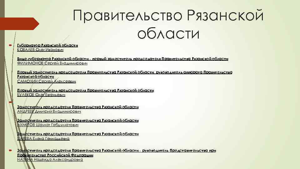 Правительство Рязанской области Губернатор Рязанской области КОВАЛЕВ Олег Иванович Вице-губернатор Рязанской области - первый