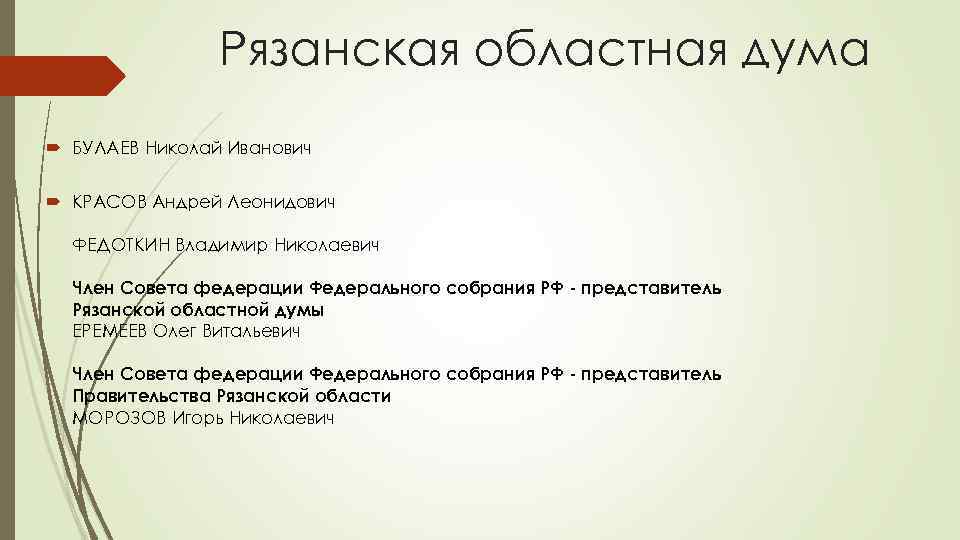 Рязанская областная дума БУЛАЕВ Николай Иванович КРАСОВ Андрей Леонидович ФЕДОТКИН Владимир Николаевич Член Совета