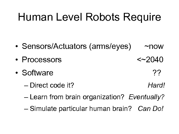 Human Level Robots Require • Sensors/Actuators (arms/eyes) • Processors • Software – Direct code