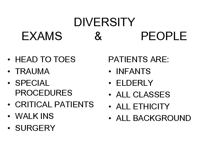 DIVERSITY EXAMS & PEOPLE • HEAD TO TOES • TRAUMA • SPECIAL PROCEDURES •