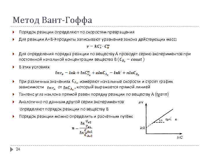 Метод Вант-Гоффа Порядок реакции определяют по скоростям превращения Для реакции А+В→продукты записывают уравнение закона