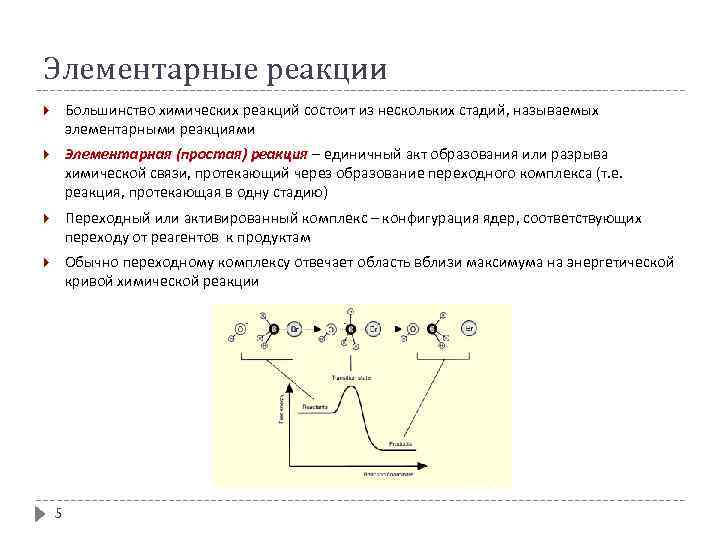 Элементарные реакции Большинство химических реакций состоит из нескольких стадий, называемых элементарными реакциями Элементарная (простая)