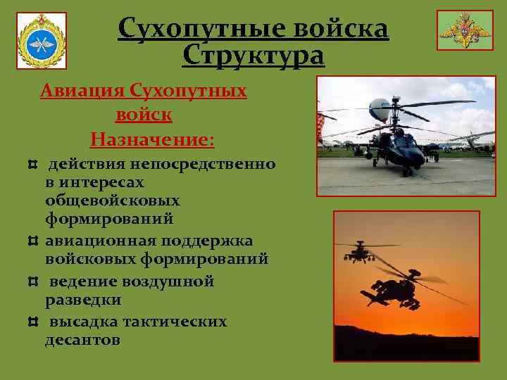 Сухопутные войска Структура Авиация Сухопутных войск Назначение: действия непосредственно в интересах общевойсковых формирований авиационная