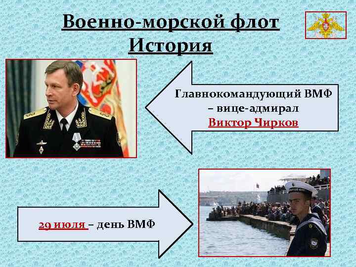 Военно-морской флот История Главнокомандующий ВМФ – вице-адмирал Виктор Чирков 29 июля – день ВМФ