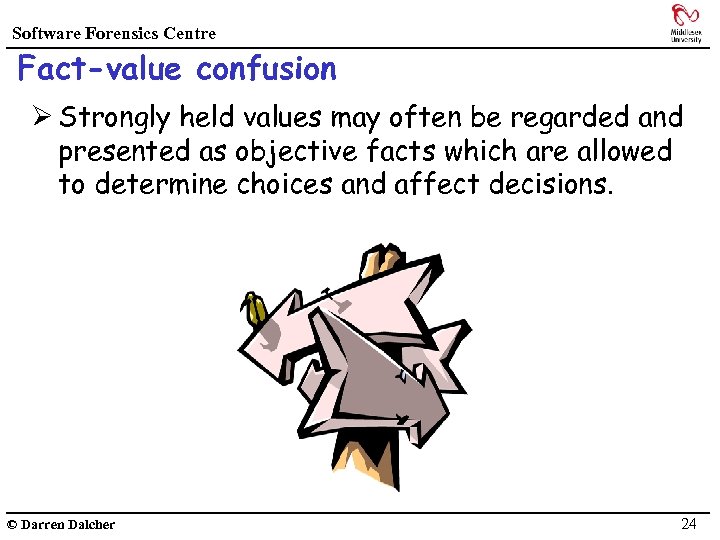 Software Forensics Centre Fact-value confusion Ø Strongly held values may often be regarded and