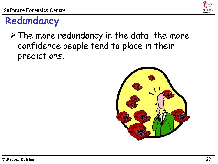 Software Forensics Centre Redundancy Ø The more redundancy in the data, the more confidence