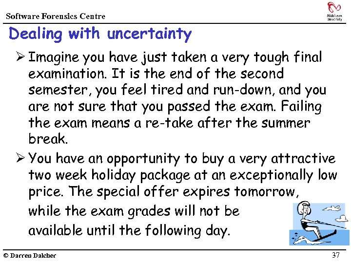 Software Forensics Centre Dealing with uncertainty Ø Imagine you have just taken a very