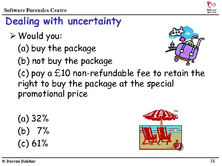 Software Forensics Centre Dealing with uncertainty Ø Would you: (a) buy the package (b)
