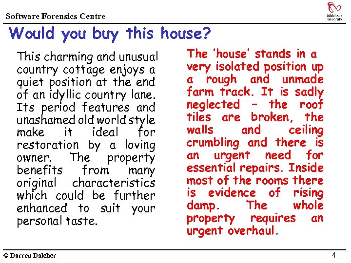 Software Forensics Centre Would you buy this house? This charming and unusual country cottage