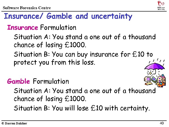 Software Forensics Centre Insurance/ Gamble and uncertainty Insurance Formulation Situation A: You stand a