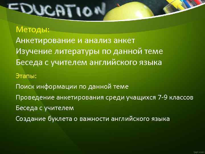 Методы: Анкетирование и анализ анкет Изучение литературы по данной теме Беседа с учителем английского