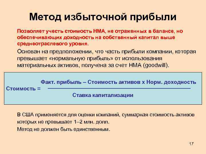 Метод избыточной прибыли Позволяет учесть стоимость НМА, не отраженных в балансе, но обеспечивающих доходность