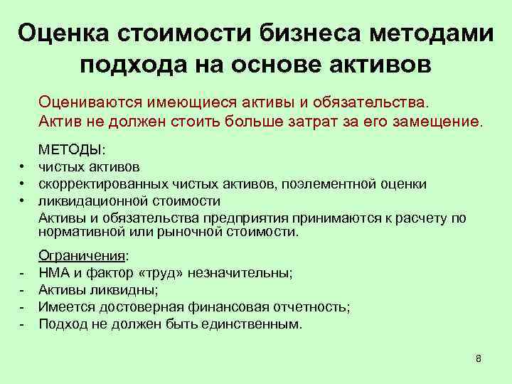 Оценка стоимости бизнеса методами подхода на основе активов Оцениваются имеющиеся активы и обязательства. Актив
