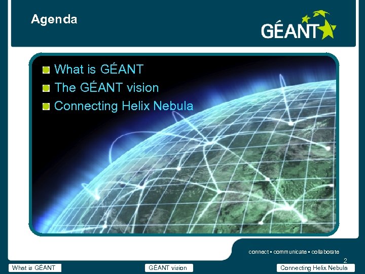 Agenda What is GÉANT The GÉANT vision Connecting Helix Nebula connect • communicate •