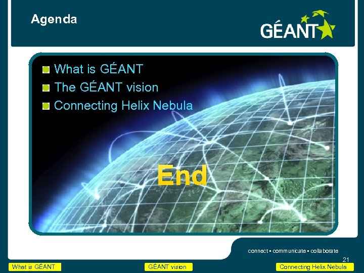 Agenda What is GÉANT The GÉANT vision Connecting Helix Nebula End connect • communicate