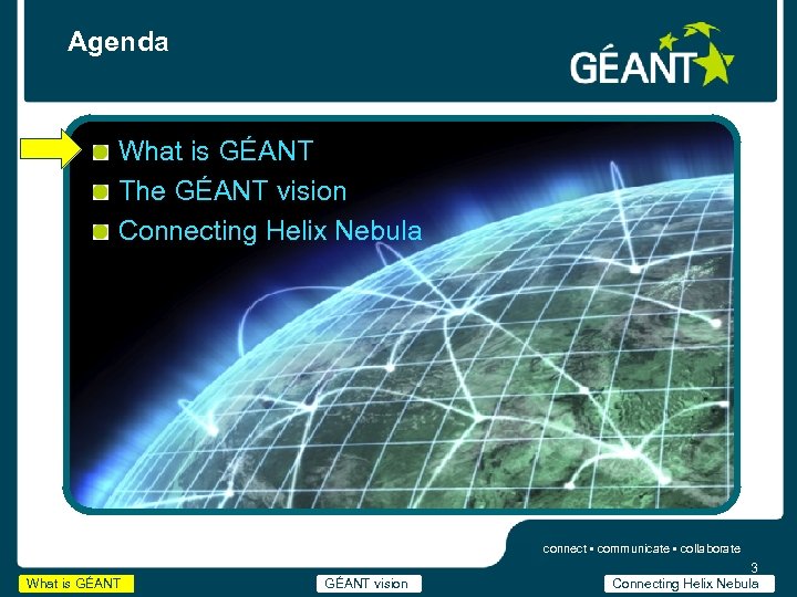 Agenda What is GÉANT The GÉANT vision Connecting Helix Nebula connect • communicate •