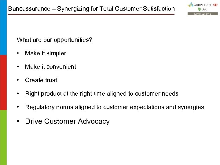 Bancassurance – Synergizing for Total Customer Satisfaction What are our opportunities? • Make it