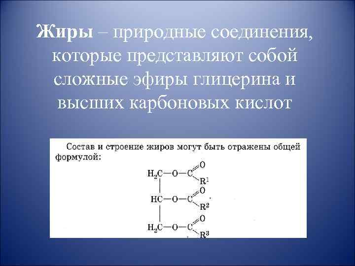 Жиры – природные соединения, которые представляют собой сложные эфиры глицерина и высших карбоновых кислот