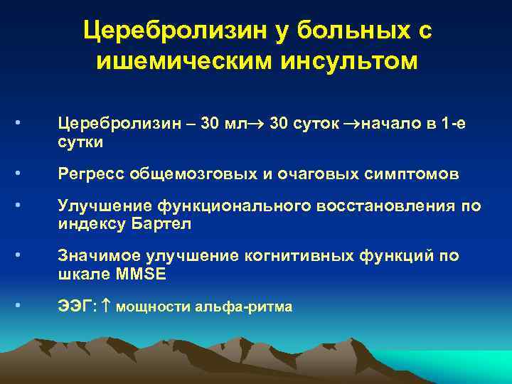 Церебролизин у больных с ишемическим инсультом • Церебролизин – 30 мл 30 суток начало
