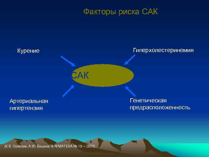 Факторы риска САК Гиперхолестеринемия Курение САК Артериальная гипертензия (К. В. Соколов, А. Ю. Боцина,