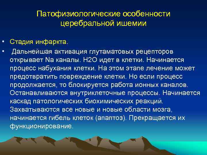 Патофизиологические особенности церебральной ишемии • Стадия инфаркта. • Дальнейшая активация глутаматовых рецепторов открывает Na