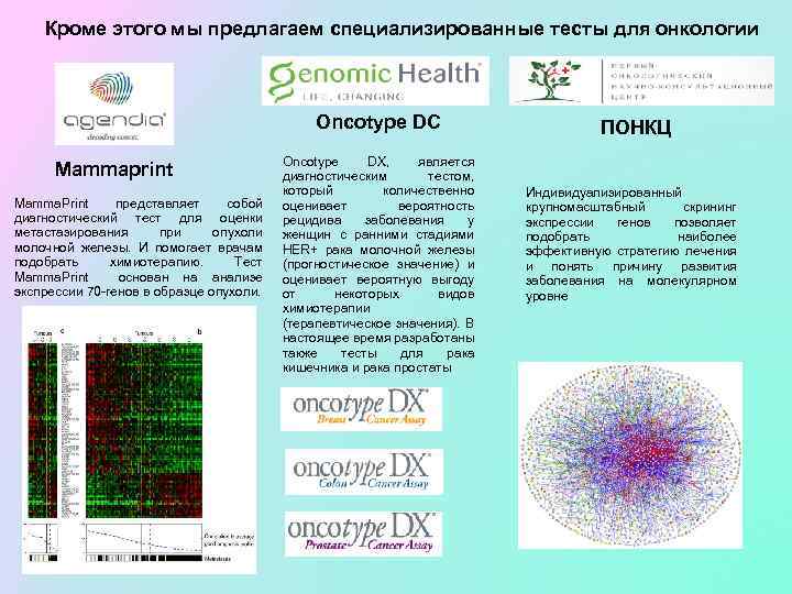 Кроме этого мы предлагаем специализированные тесты для онкологии Oncotype DC Mammaprint Mamma. Print представляет