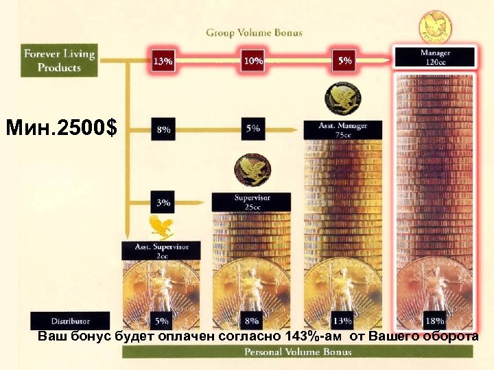 Мин. 2500$ Ваш бонус будет оплачен согласно 143%-ам от Вашего оборота 
