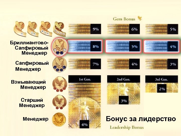 Бриллиантово. Сапфировый Менеджер Взмывающий Менеджер Старший Менеджер Бонус за лидерство 