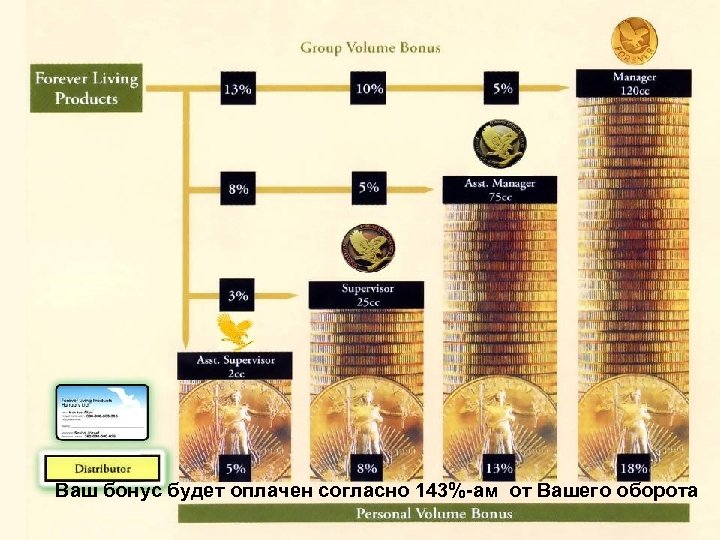 Ваш бонус будет оплачен согласно 143%-ам от Вашего оборота 