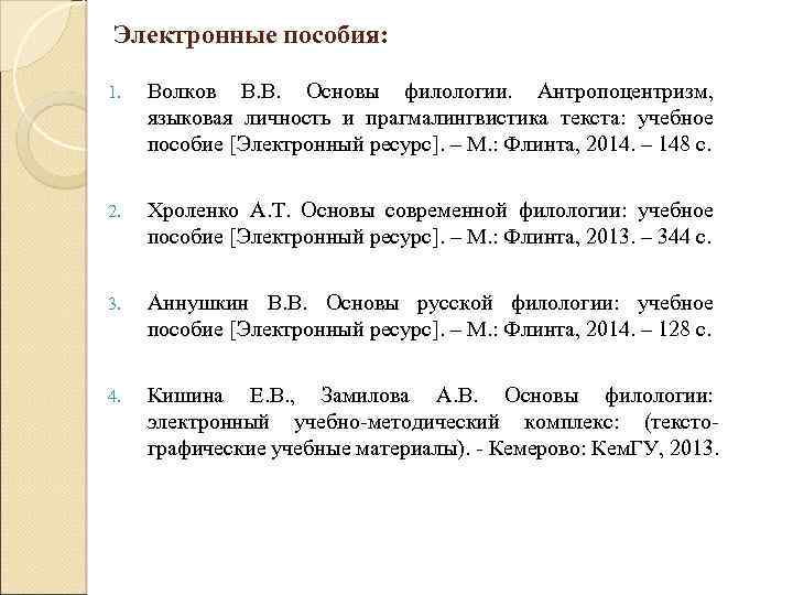 Электронные пособия: 1. Волков В. В. Основы филологии. Антропоцентризм, языковая личность и прагмалингвистика текста: