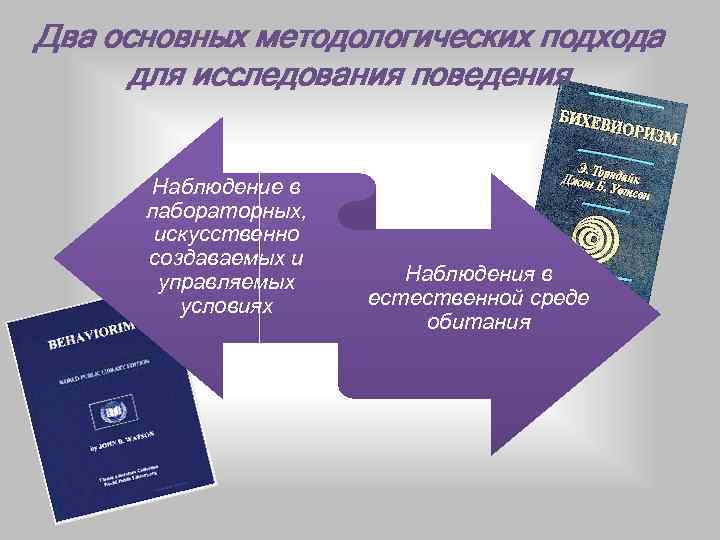 Два основных методологических подхода для исследования поведения Наблюдение в лабораторных, искусственно создаваемых и управляемых