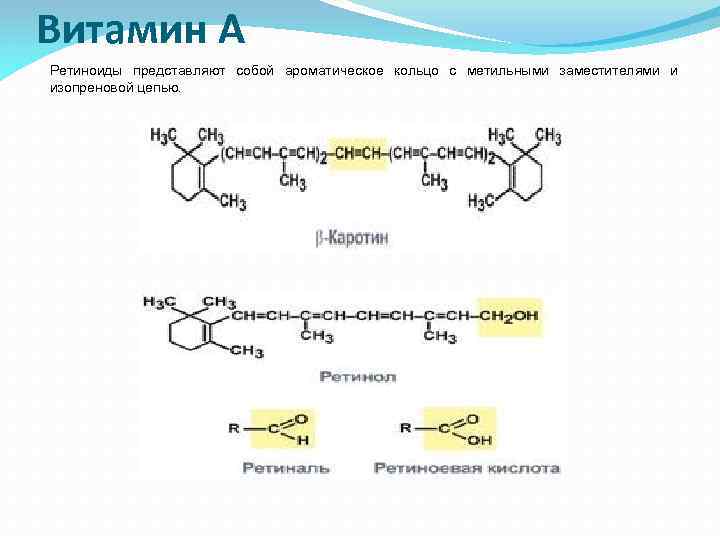 Витамин А Ретиноиды представляют собой ароматическое кольцо с метильными заместителями и изопреновой цепью. 