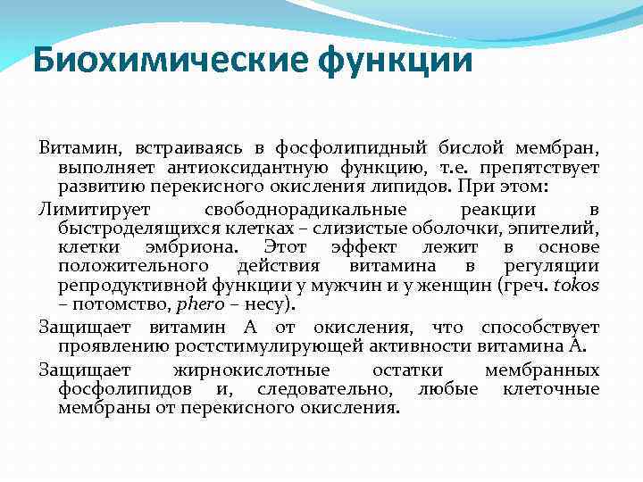 Биохимические функции Витамин, встраиваясь в фосфолипидный бислой мембран, выполняет антиоксидантную функцию, т. е. препятствует