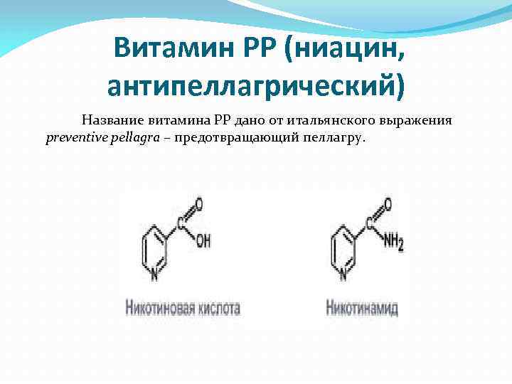 Витамин PP (ниацин, антипеллагрический) Название витамина PP дано от итальянского выражения preventive pellagra –