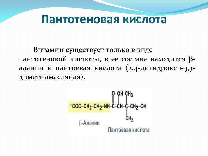 Пантотеновая кислота Витамин существует только в виде пантотеновой кислоты, в ее составе находится βаланин