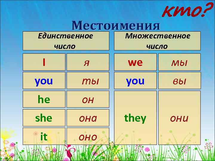 Местоимения Единственное число I кто? Множественное число я we мы you ты you вы