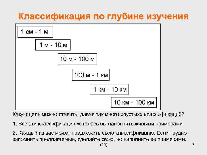 Классификация по глубине изучения Какую цель можно ставить, давая так много «пустых» классификаций? 1.