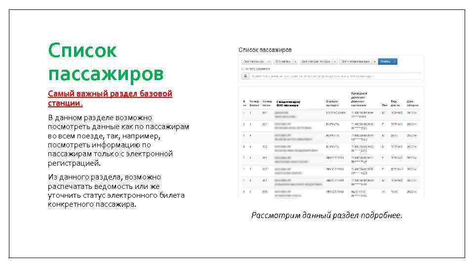 Список пассажиров Самый важный раздел базовой станции. Станция посадки/ ФИО пассажира В данном разделе