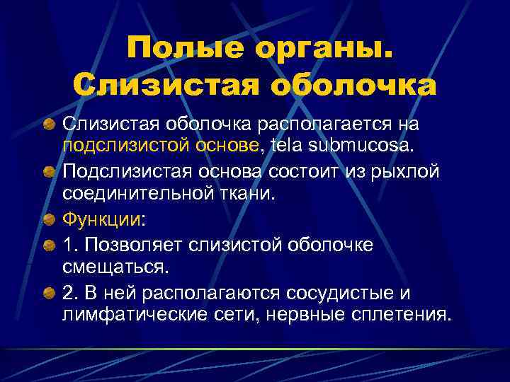 Полые органы. Слизистая оболочка располагается на подслизистой основе, tela submucosa. Подслизистая основа состоит из