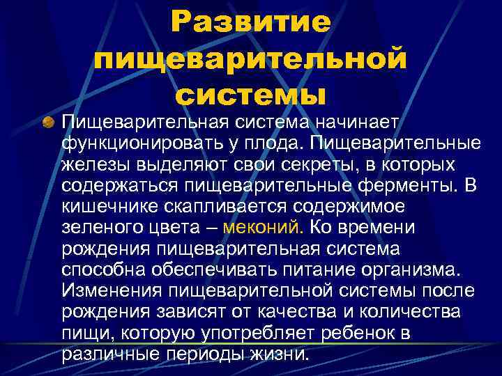 Развитие пищеварительной системы Пищеварительная система начинает функционировать у плода. Пищеварительные железы выделяют свои секреты,