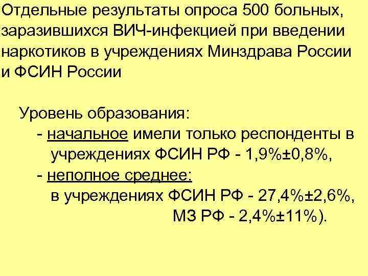 Отдельные результаты опроса 500 больных, заразившихся ВИЧ-инфекцией при введении наркотиков в учреждениях Минздрава России