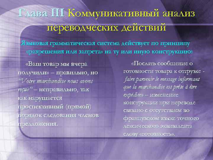 Глава III Коммуникативный анализ переводческих действий Языковая грамматическая система действует по принципу «разрешения или