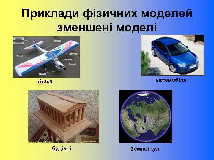 Приклади фізичних моделей зменшені моделі літака будівлі автомобіля Земної кулі 