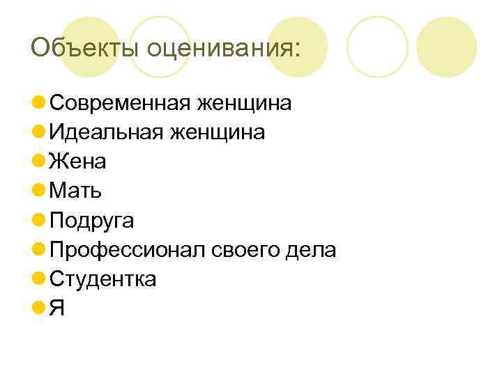 Объекты оценивания: l Современная женщина l Идеальная женщина l Жена l Мать l Подруга