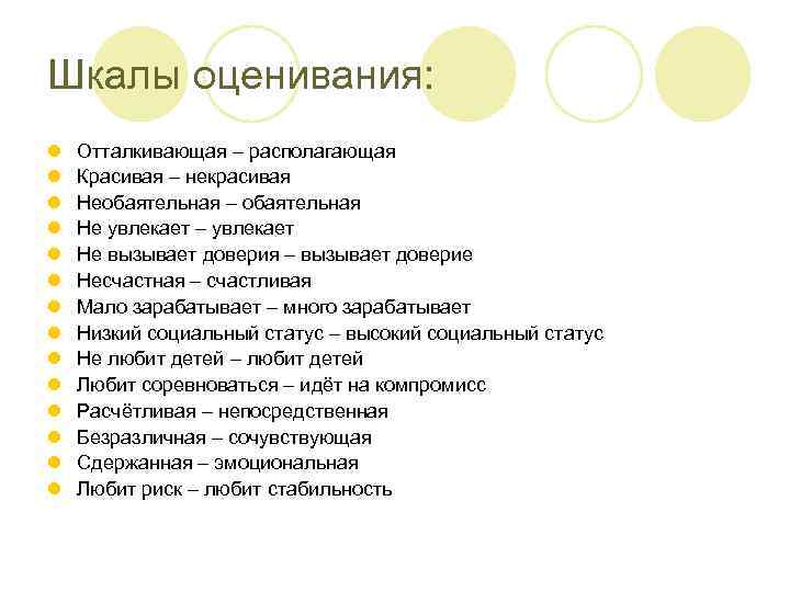 Шкалы оценивания: l l l l Отталкивающая – располагающая Красивая – некрасивая Необаятельная –