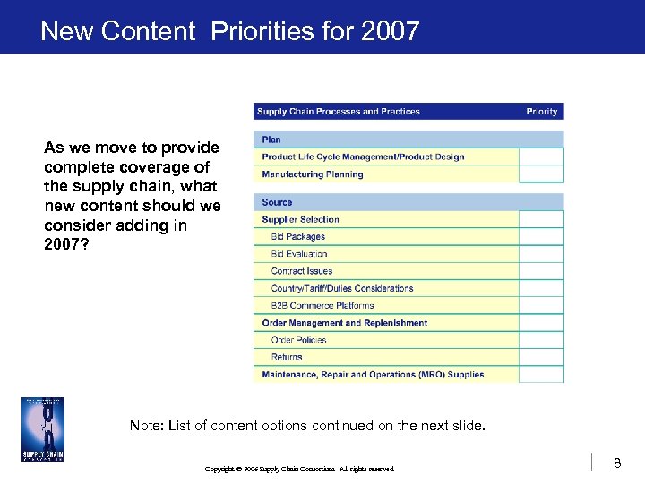 New Content Priorities for 2007 As we move to provide complete coverage of the