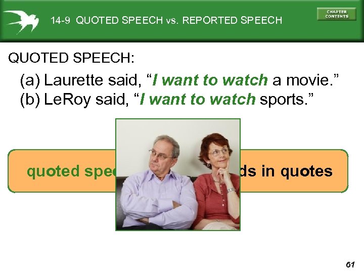 14 -9 QUOTED SPEECH vs. REPORTED SPEECH QUOTED SPEECH: (a) Laurette said, “I want