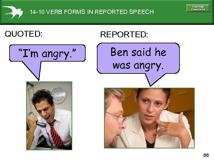14 -10 VERB FORMS IN REPORTED SPEECH QUOTED: “I’m angry. ” REPORTED: Ben said